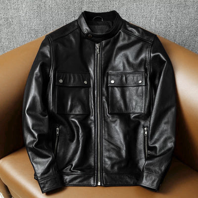 Veste en cuir de moto noire décontractée