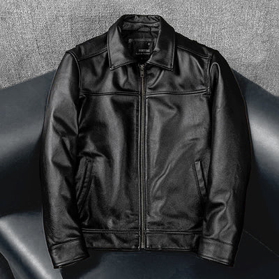 Black Short Motorcycle Genuine Leather Jacket