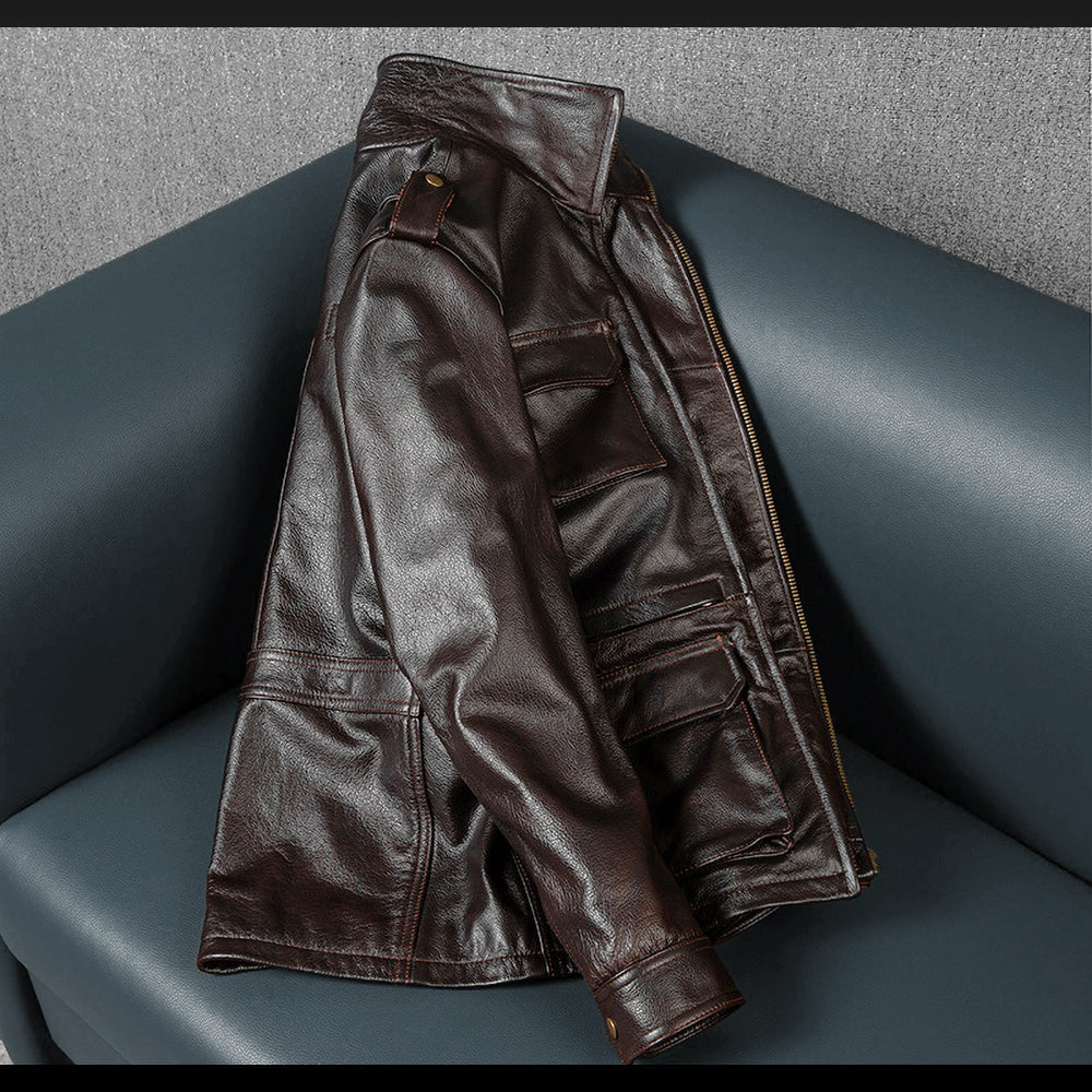 Veste en cuir de moto noire décontractée