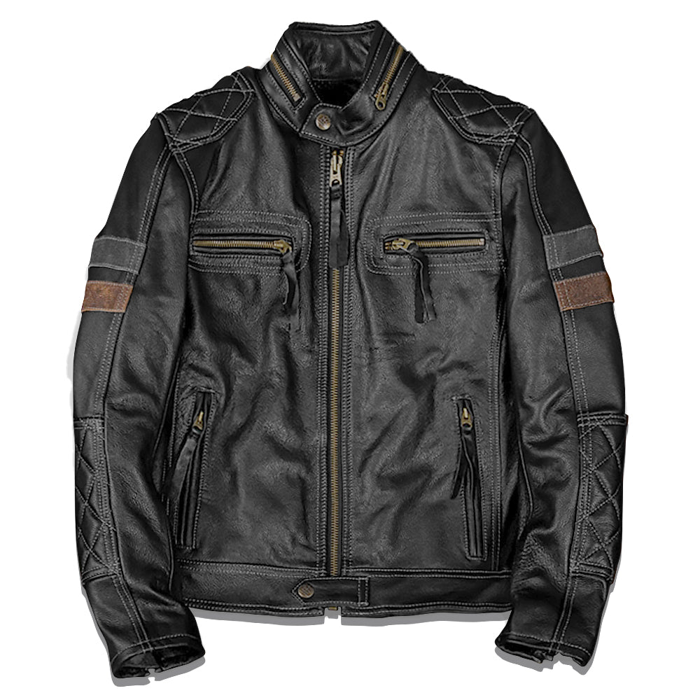 Grid Pattern Motorcycle Genuine Leather Jacket