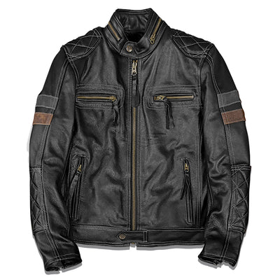 Grid Pattern Motorcycle Genuine Leather Jacket