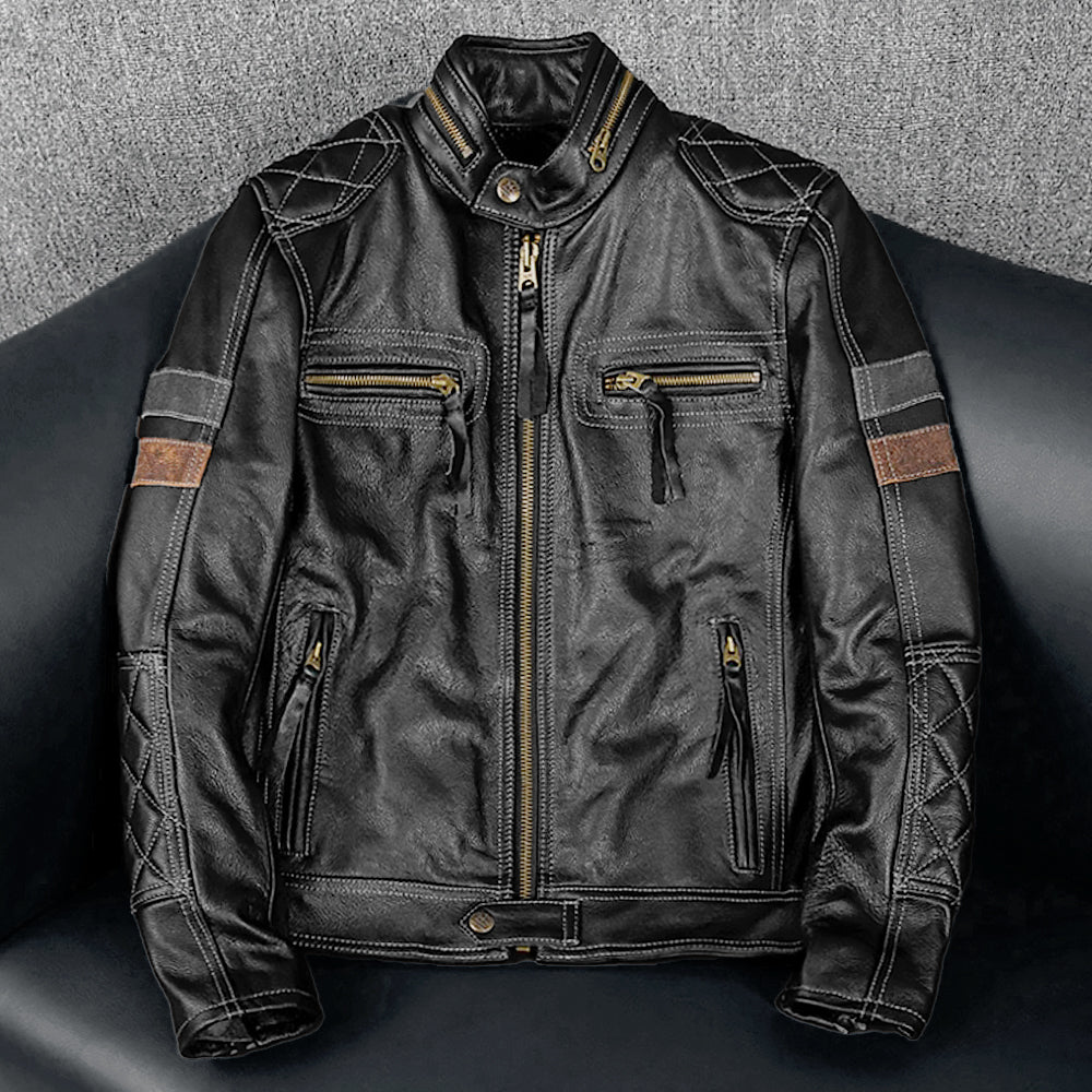 Grid Pattern Motorcycle Genuine Leather Jacket