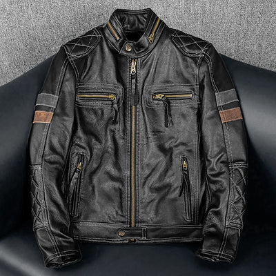 Grid Pattern Motorcycle Genuine Leather Jacket