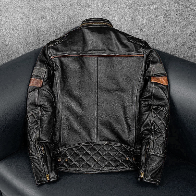 Grid Pattern Motorcycle Genuine Leather Jacket