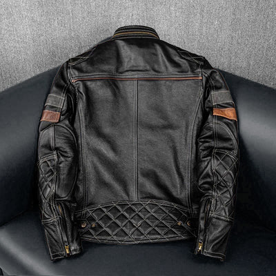 Grid Pattern Motorcycle Genuine Leather Jacket