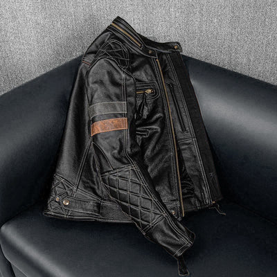 Grid Pattern Motorcycle Genuine Leather Jacket