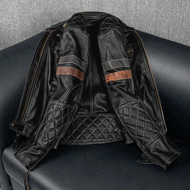 Grid Pattern Motorcycle Genuine Leather Jacket