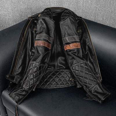 Grid Pattern Motorcycle Genuine Leather Jacket