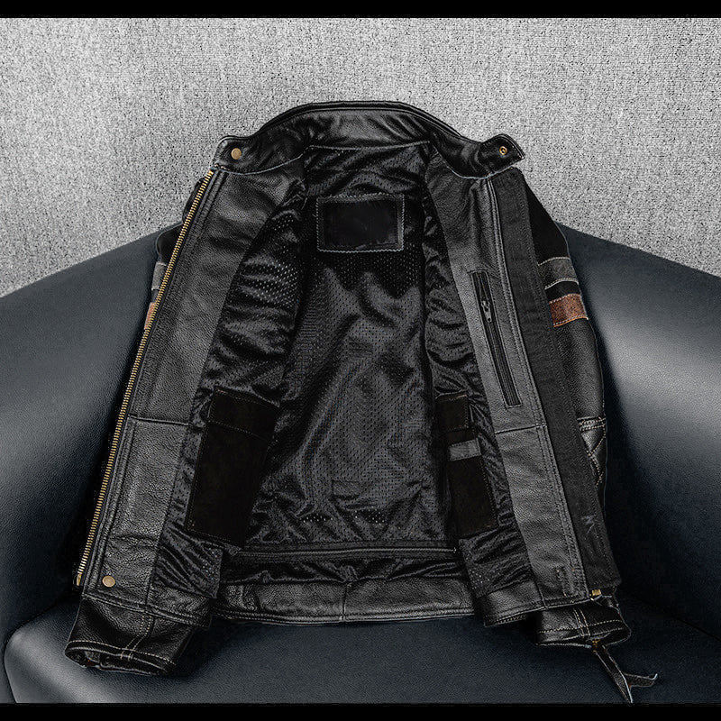 Grid Pattern Motorcycle Genuine Leather Jacket
