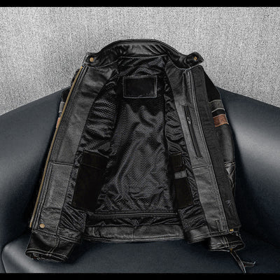 Grid Pattern Motorcycle Genuine Leather Jacket