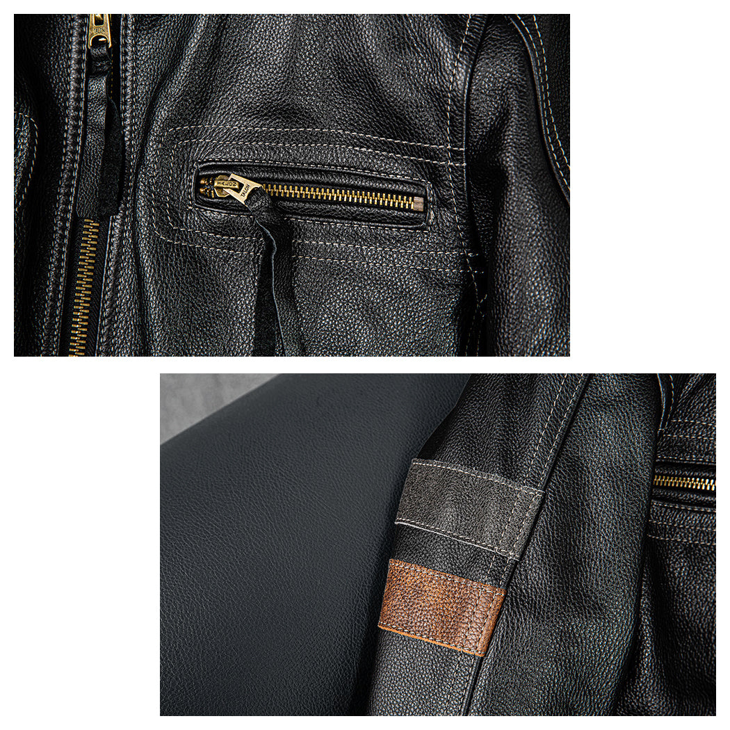 Grid Pattern Motorcycle Genuine Leather Jacket