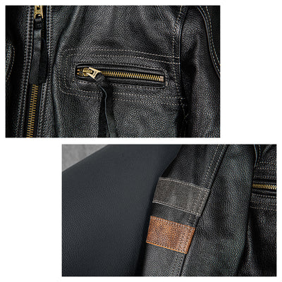 Grid Pattern Motorcycle Genuine Leather Jacket