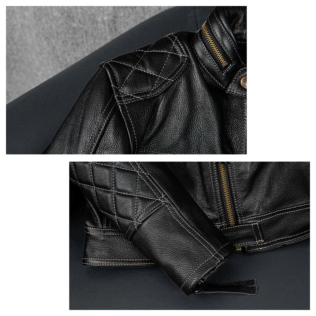 Grid Pattern Motorcycle Genuine Leather Jacket