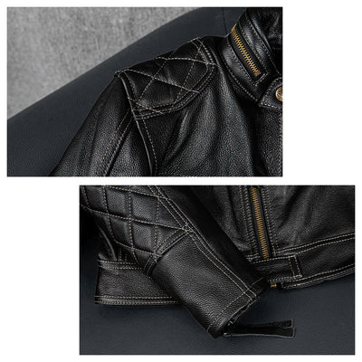Grid Pattern Motorcycle Genuine Leather Jacket