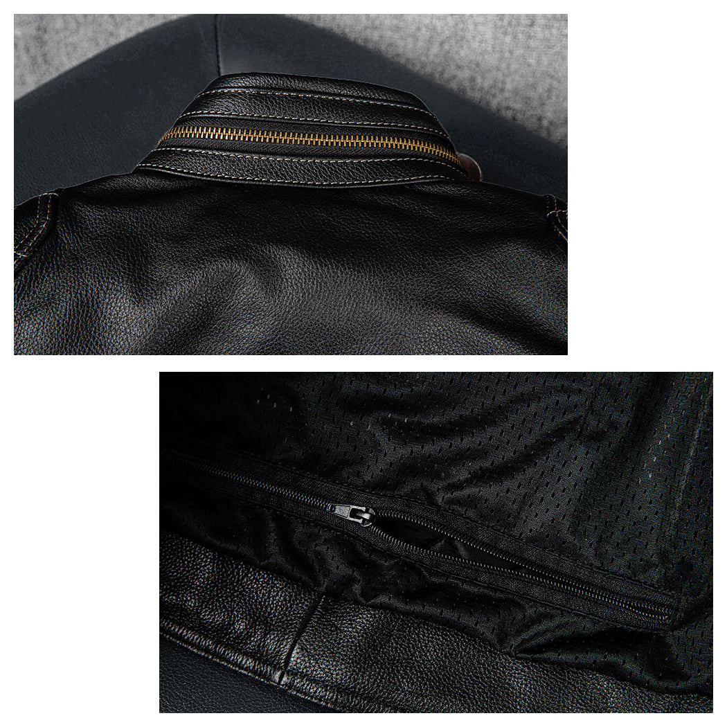 Grid Pattern Motorcycle Genuine Leather Jacket