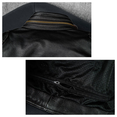 Grid Pattern Motorcycle Genuine Leather Jacket
