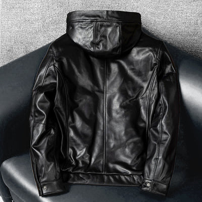Hooded Black Motorcycle Genuine Leather Jacket