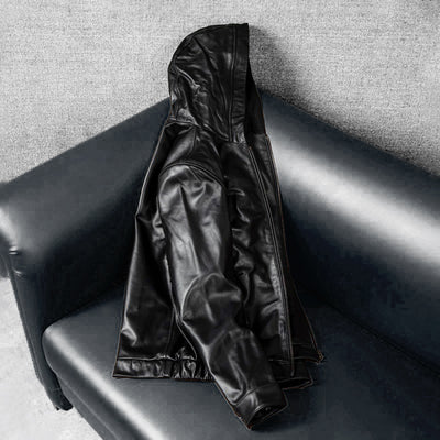 Hooded Black Motorcycle Genuine Leather Jacket