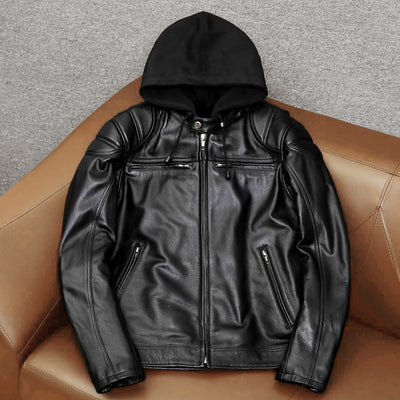 Detachable Hooded Slim Fit Motorcycle Leather Jacket