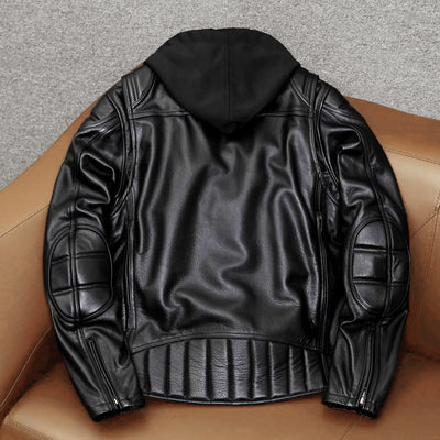 Detachable Hooded Slim Fit Motorcycle Leather Jacket