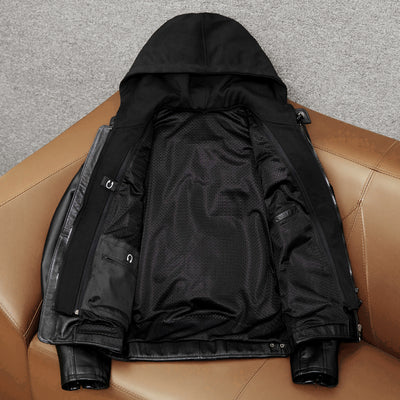 Detachable Hooded Slim Fit Motorcycle Leather Jacket