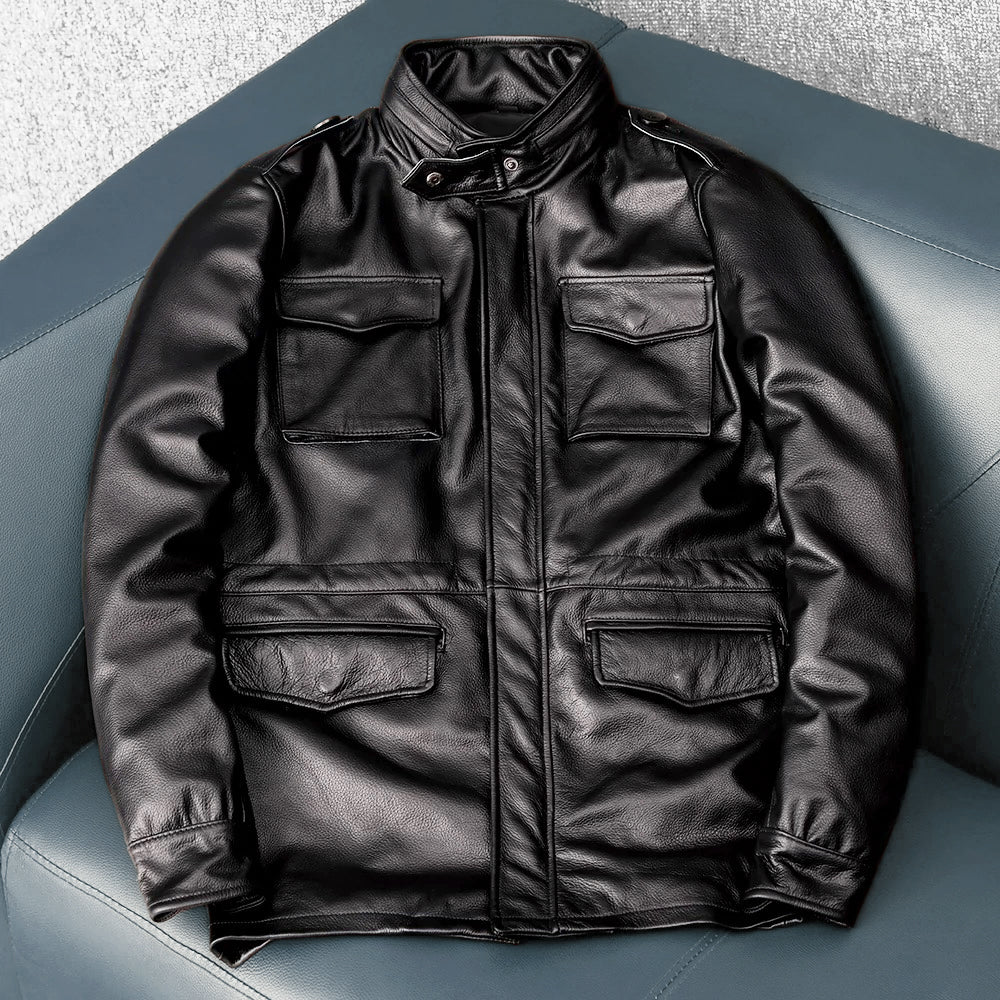 Veste en cuir de moto noire décontractée