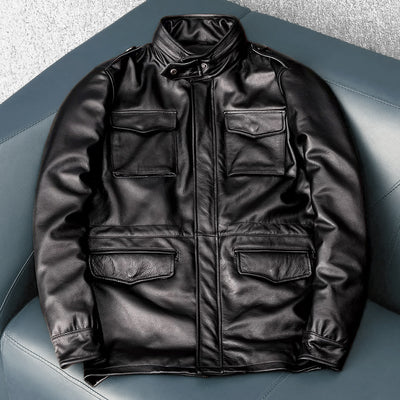 Veste en cuir de moto noire décontractée