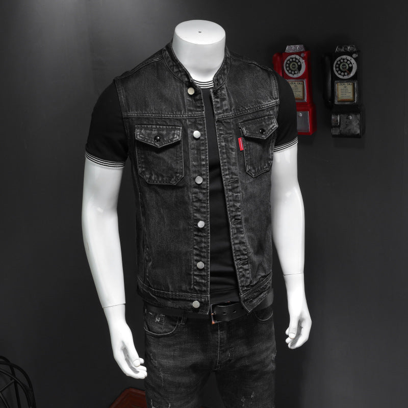 Men's Black Denim Vest with Two Chest Pockets