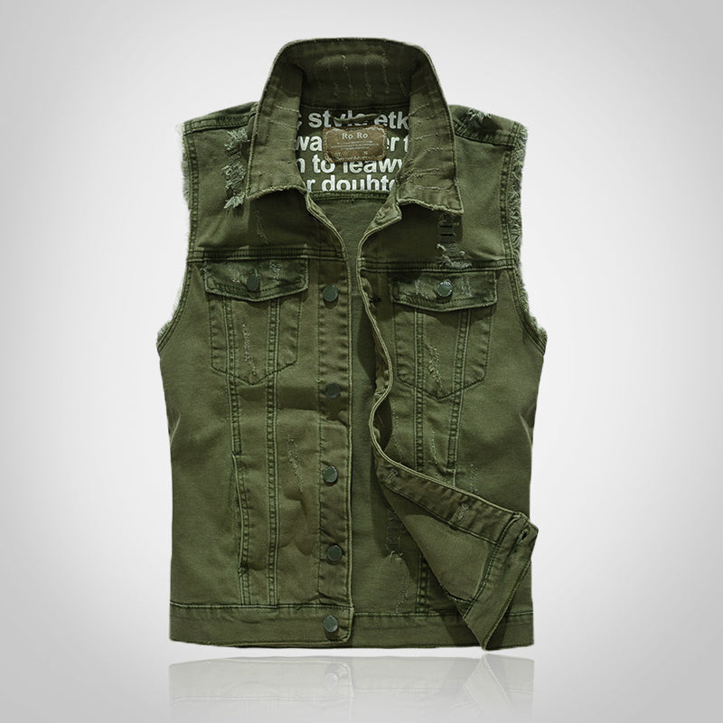 Army Green Distressed Denim Vest