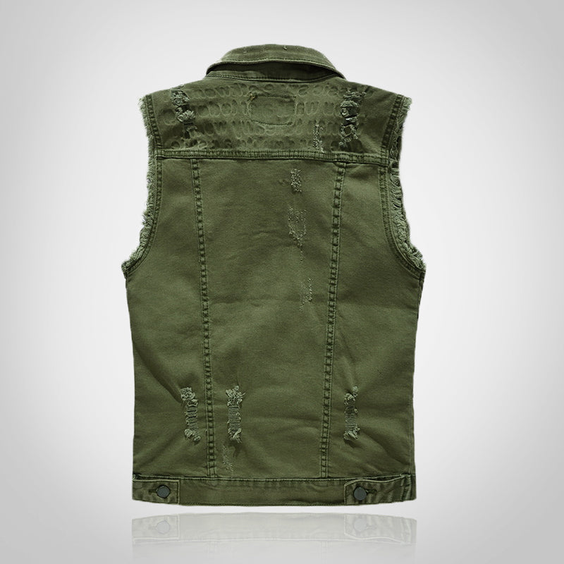 Gilet en denim vieilli vert armée