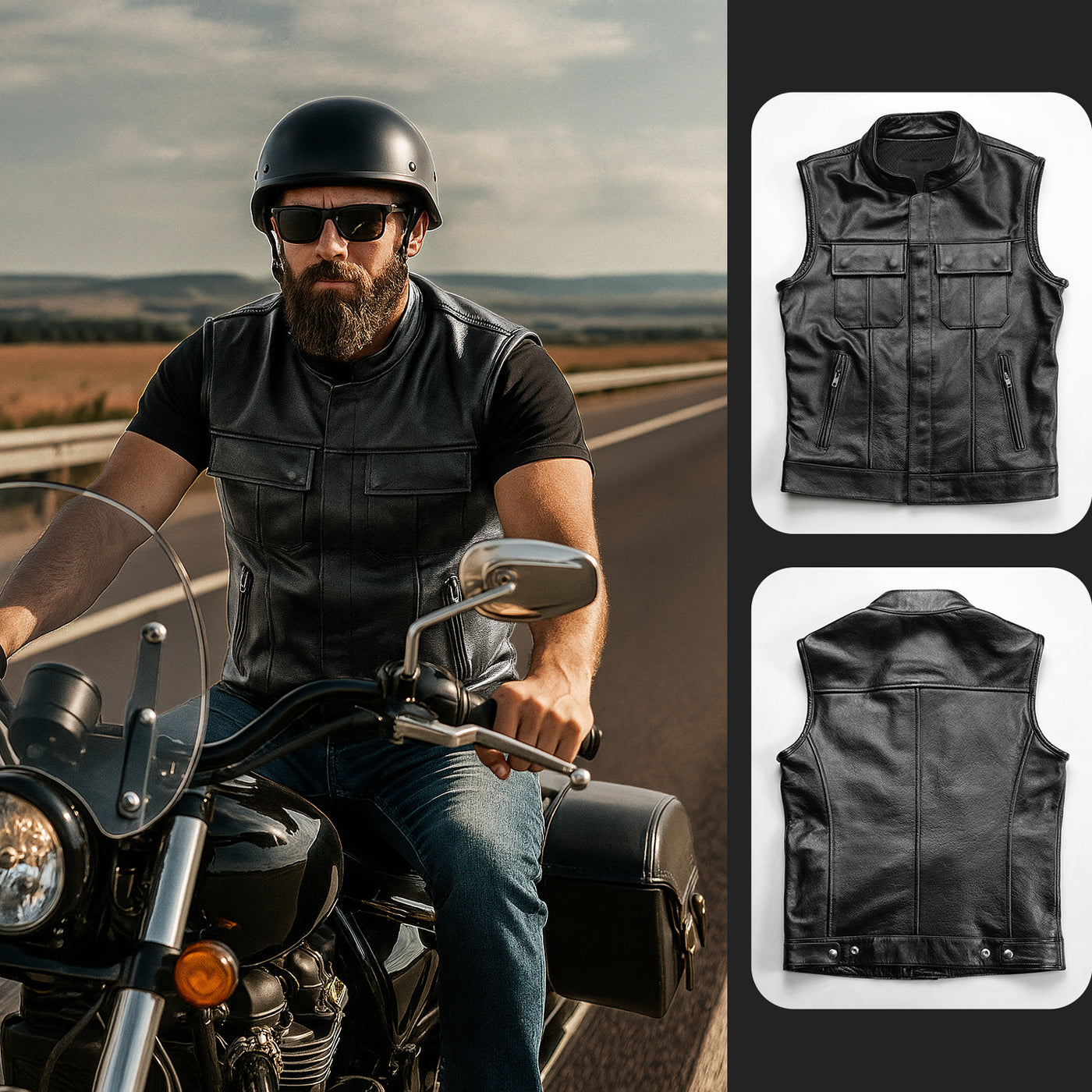 SOA Gilet de moto en cuir véritable 