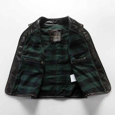 Retro Plaid Lining Cowhide Sleek Leather Vest