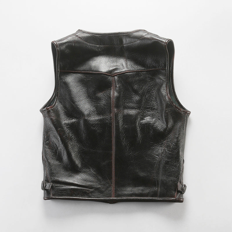 Retro Plaid Lining Cowhide Sleek Leather Vest