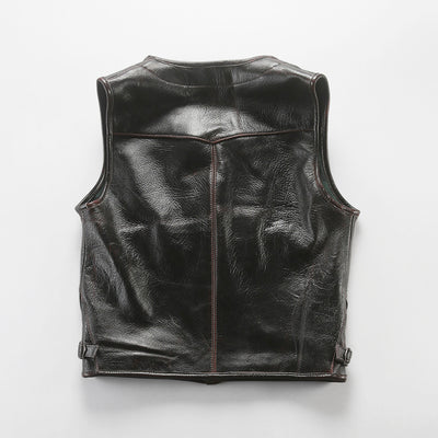 Retro Plaid Lining Cowhide Sleek Leather Vest