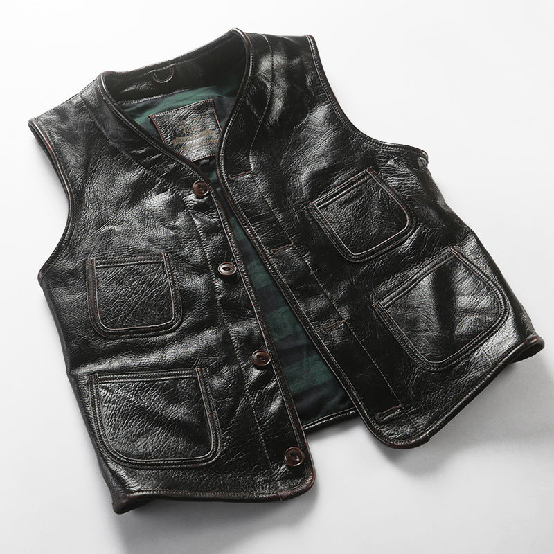 Retro Plaid Lining Cowhide Sleek Leather Vest