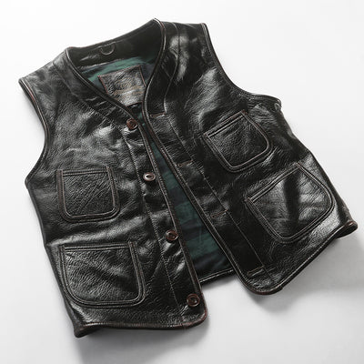 Retro Plaid Lining Cowhide Sleek Leather Vest