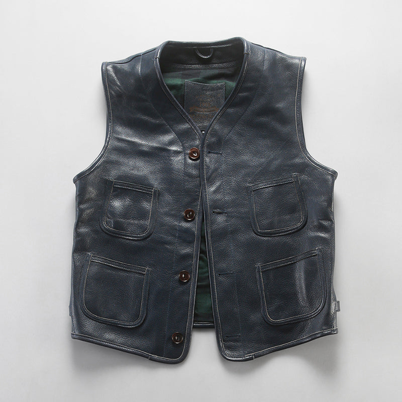 Retro Plaid Lining Cowhide Sleek Leather Vest