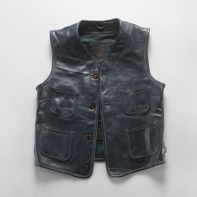 Retro Plaid Lining Cowhide Sleek Leather Vest