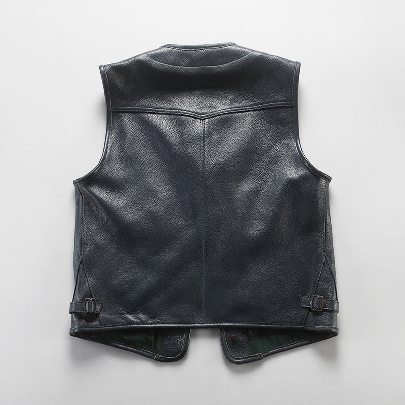 Retro Plaid Lining Cowhide Sleek Leather Vest