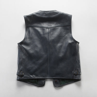 Retro Plaid Lining Cowhide Sleek Leather Vest