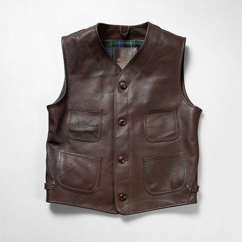 Retro Plaid Lining Cowhide Sleek Leather Vest