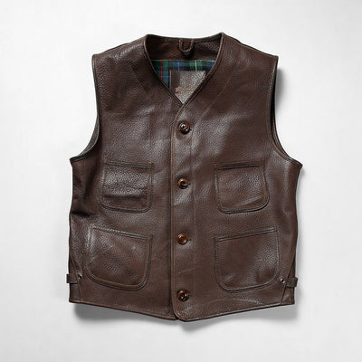 Retro Plaid Lining Cowhide Sleek Leather Vest