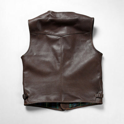 Retro Plaid Lining Cowhide Sleek Leather Vest