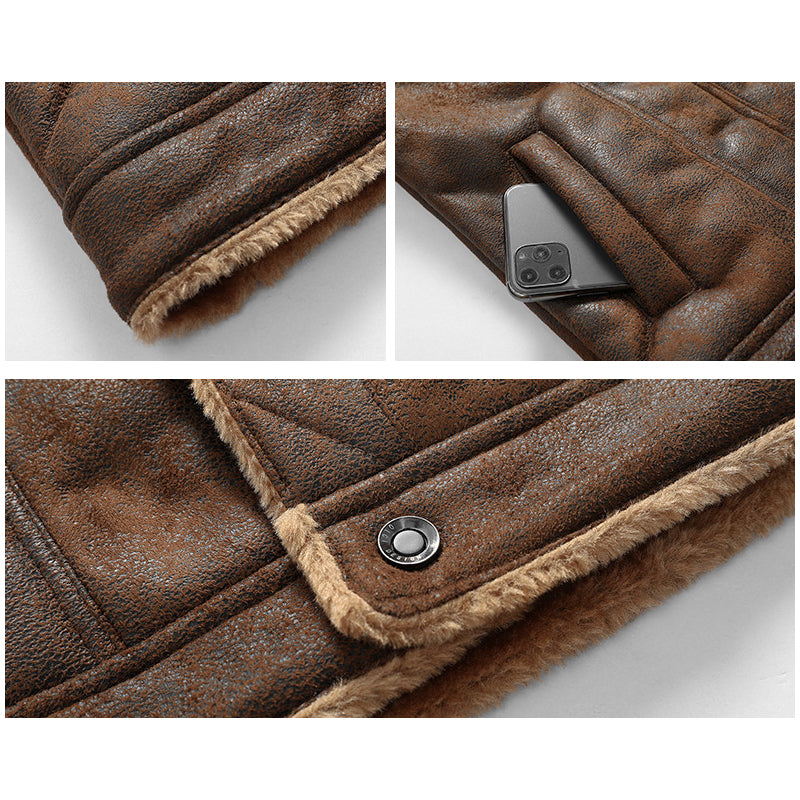 Men's Thickened Shearling-Lined Leather Jacket for Winter Warmth