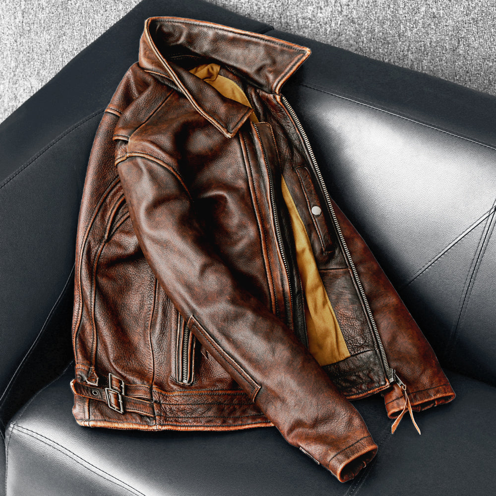 Amekaji Men's Genuine Cowhide Leather Jacket