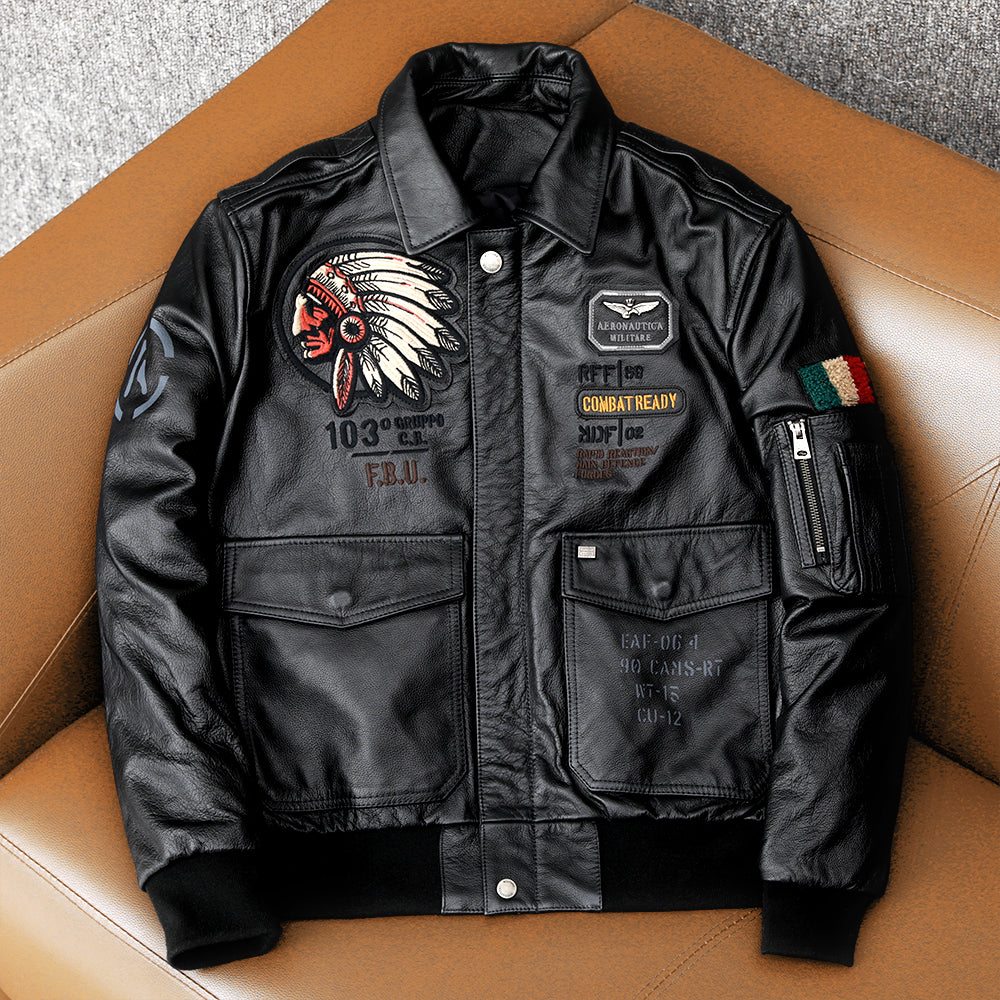 Veste en cuir de vachette véritable Bomber Flight brodée pour hommes