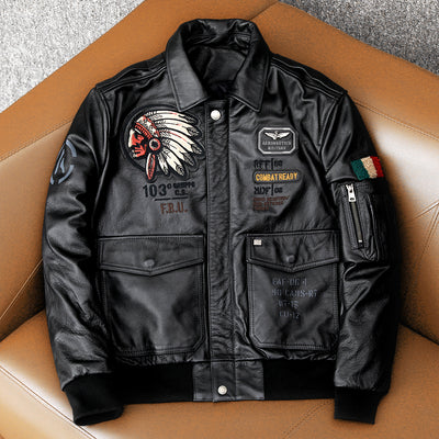 Veste en cuir de vachette véritable Bomber Flight brodée pour hommes