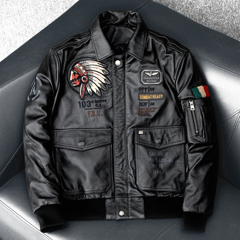 Men's Embroidered Bomber Flight Genuine Cowhide Leather Jacket
