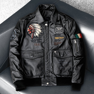 Men's Embroidered Bomber Flight Genuine Cowhide Leather Jacket