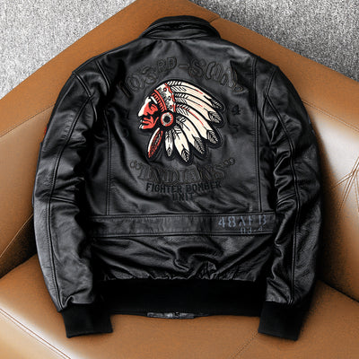 Veste en cuir de vachette véritable Bomber Flight brodée pour hommes